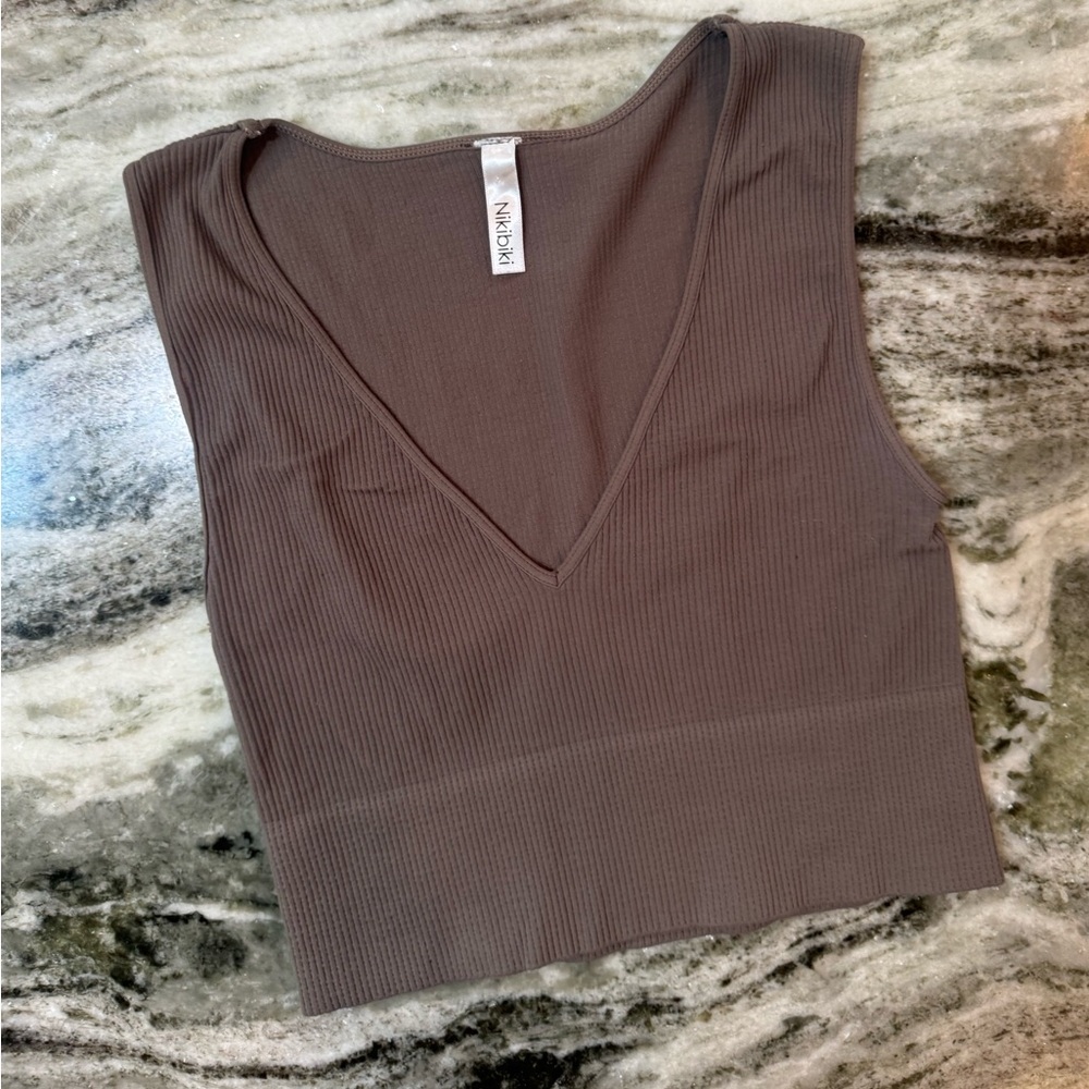 Nikibiki Taupe Ribbed V-Neck Crop Top